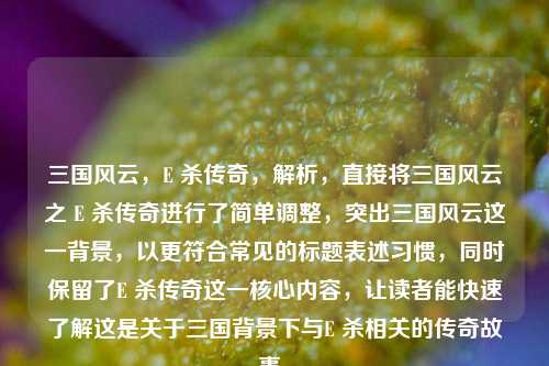 三国风云，E 杀传奇，解析，直接将三国风云之 E 杀传奇进行了简单调整，突出三国风云这一背景，以更符合常见的标题表述习惯，同时保留了E 杀传奇这一核心内容，让读者能快速了解这是关于三国背景下与E 杀相关的传奇故事。