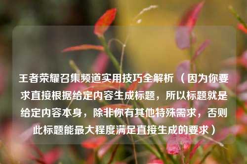 王者荣耀召集频道实用技巧全解析 （因为你要求直接根据给定内容生成标题，所以标题就是给定内容本身，除非你有其他特殊需求，否则此标题能更大程度满足直接生成的要求）
